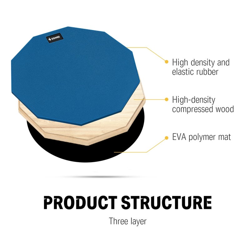 Donner 12 Inches Drum Practice Pad Silent Drum Pad Set Blue 2-Sided With Drum Sticks - Image 3